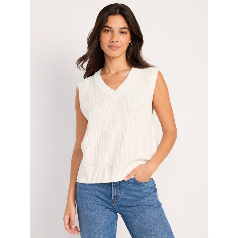 NWT Old Navy XL‎ Cream Cable Knit V-Neck Sweater Vest Relaxed Fit Off White Wool